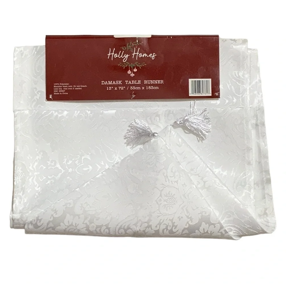 Holly Homes Table Runner Silky Damask Holiday Dressy White 13 in x 72 in